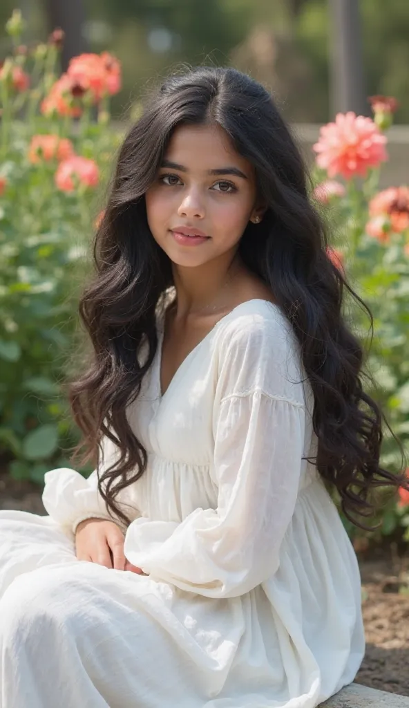 A 17-year-old girl with a fat body, beautiful curves, black and wavy hair, big black eyes, small mouth, white skin, Arabic features, wearing a long white dress and sitting in a flower garden