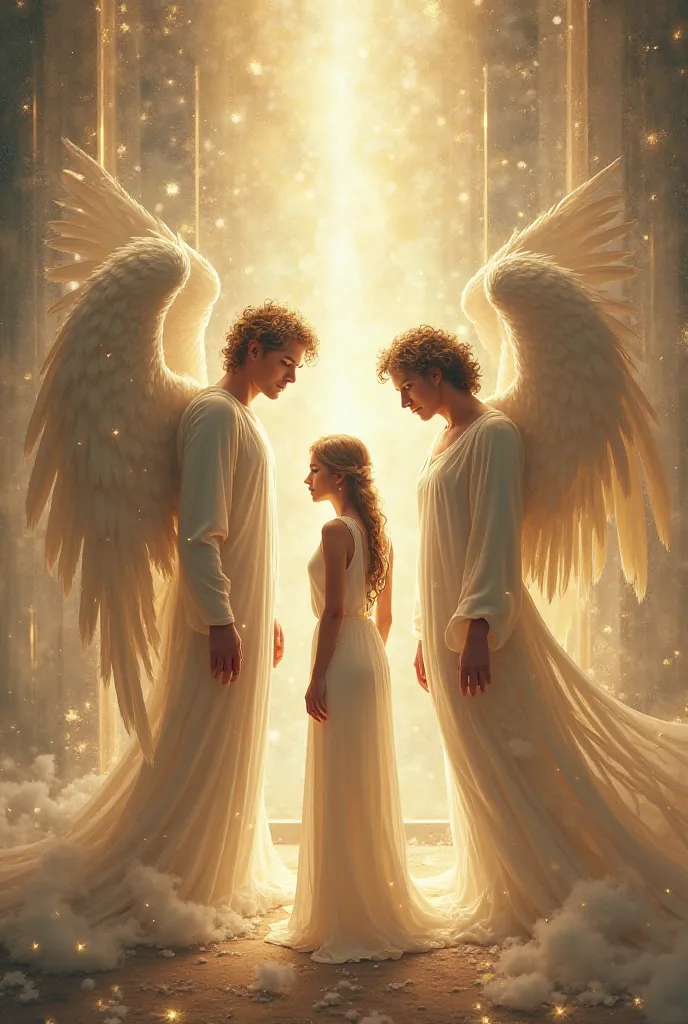 Two male angels and a human woman