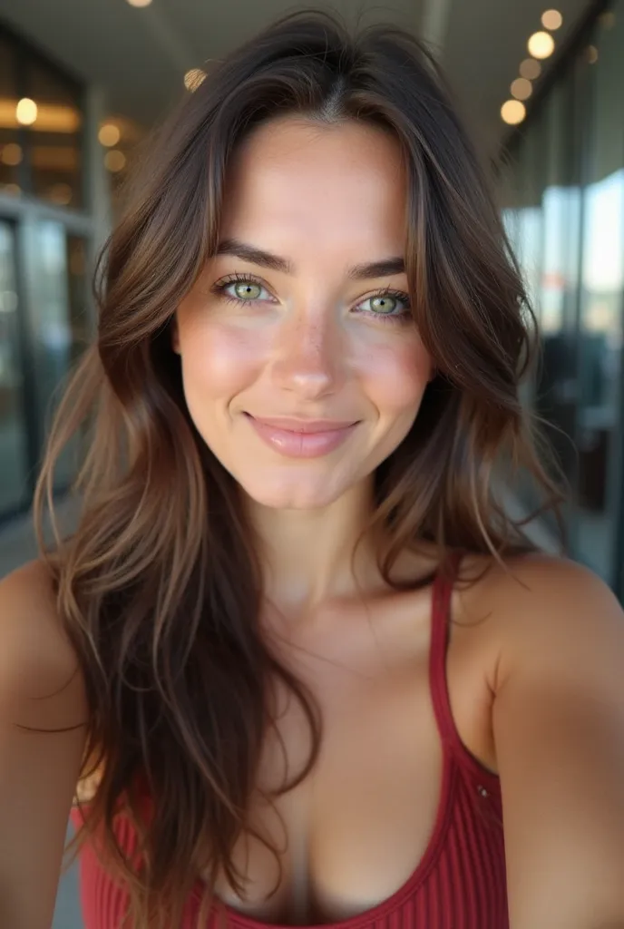 A 22-year-old European woman with silky brown hair and striking green eyes takes a realistic Instagram selfie, capturing her face and upper body. She has a cute, natural smile, glowing skin, and subtle makeup enhancing her features. She wears a stylish, ca...