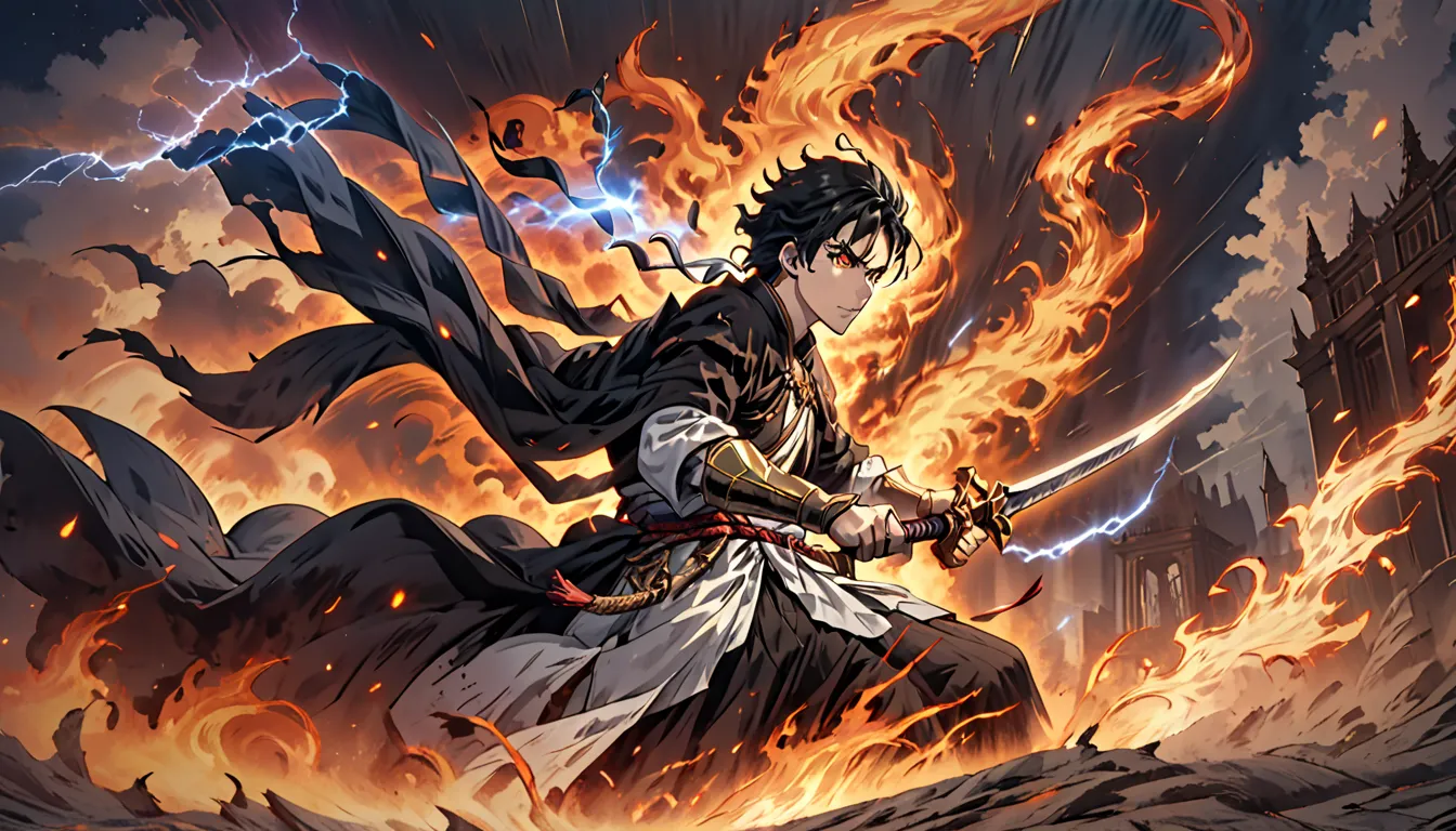 "A cinematic close-up of a black-haired young hero with piercing eyes, his face filled with unwavering determination, as he unleashes his ultimate attack. His powerful stance is dynamic, gripping his massive sword with both hands, mid-swing in a devastatin...