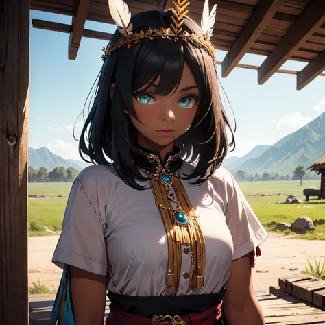  1girl , , eagle feather crown, rough clothes, rough shirt, Indian hut, Pretty girl, black hair, anyme style,  turquoise eyes , dark-skinned