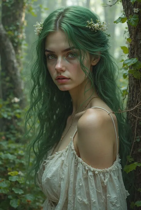 
a beautiful girl with green eyes and green hair in the forest, dressed in a torn white dress, but posing sensually