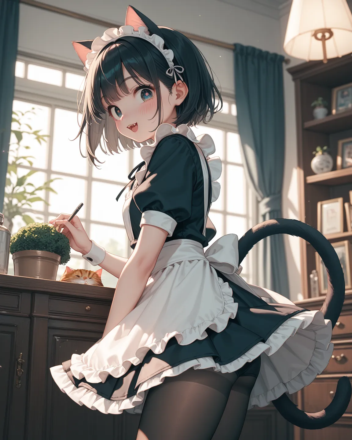 side drawstring maid costume , cat ear , round eyes
, hentai anime
, pantyhose , pitchblack inside skirt
, dim light