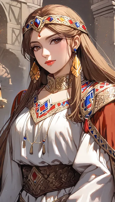 ((top quality)), ((masterpiece)), ( details), （perfect face）、(One woman:1.8)、No background、(There are no people around:1.8)、 that woman is Princess Leona , medium length light brown hair、beautiful Armenians、beautiful woman、 The woman is a beautiful Armenia...