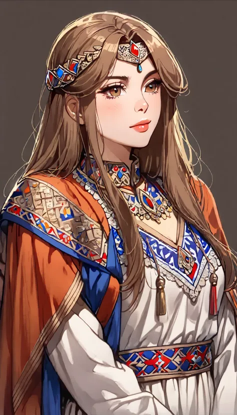 ((top quality)), ((masterpiece)), ( details), （perfect face）、(One woman:1.8)、No background、(There are no people around:1.8)、 that woman is Princess Leona , medium length light brown hair、beautiful Armenians、beautiful woman、 The woman is a beautiful Armenia...
