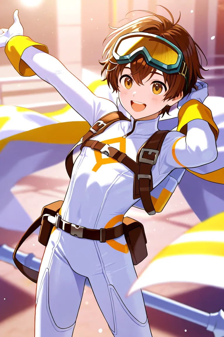 a boy， short hair，Boy wearing a long-sleeved short-style bodysuit， stands，cute，A  with brown hair in white stockings，happy，Goggles，Boys