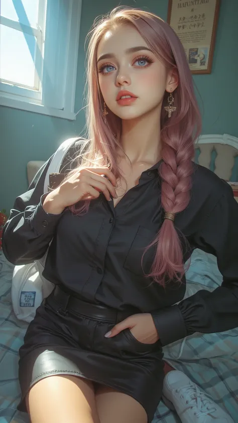high quality,4K,Extremely Fine,Realistic,Photo Grade,HDR,UHD, professional ,Vivid Color,Shallow depth of field,One body wearing a black shirt and skirt、eyes blue、Girl with hair pink,combed braid bag、Double Wrap ,Wearing Sneakers, Crack Special Effect , Focused expression ,Movie Style,by LCH and Fugtrup,Close-up nose and lips,In-frame focus,Warm natural light indoors,warm and gentle atmosphere,Exquisite texture and detail,Realistic油畫效果