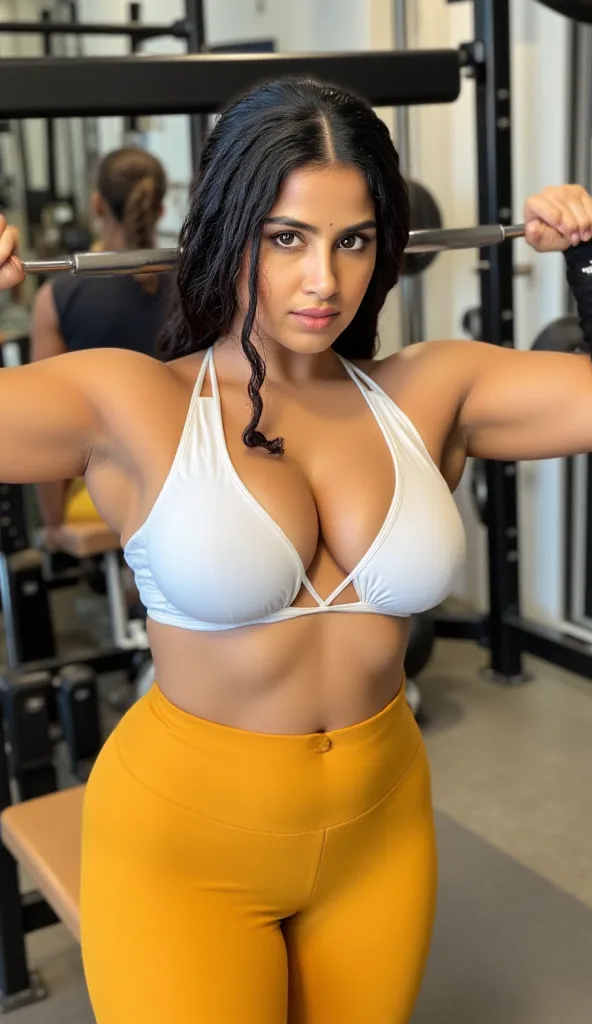 Perfect hand's, Perfect legs,Sexy indian curvy bhabhi with big massive cleavage and huge breast, mid-30s,  with dark braided hair, performing a shoulder press exercise on a weight bench in a gym.  Sweaty wer oily shiny skin,Focused expression, showcasing d...