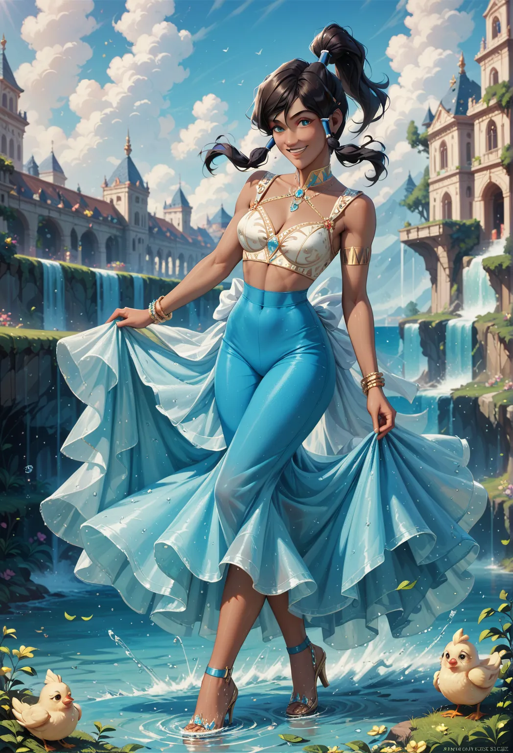 1 , Alone, (masterpiece), best quality, ultra-detailed,  Korra from Avatar , Retro style, full body. fashion clothes, chic. Water fold , happy,  sexy smiling 