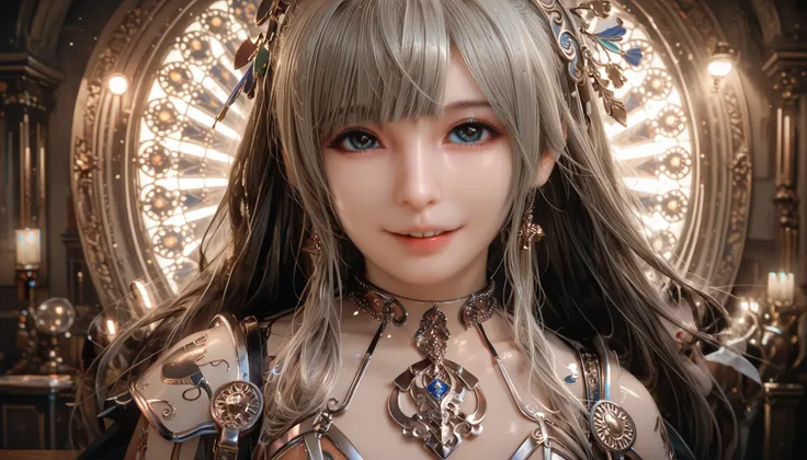 art nouveau,swordsman woman in armor,Normal hand,high quality,cute,smile,fantasy,Successful detail,long hair,fantasy風の背景, Delicate metal texture,Mysterious Atmosphere,Warm Lights ,digital paint,4K Rendering,realistic,Extreme Details ,vivid colors, bokeh ef...
