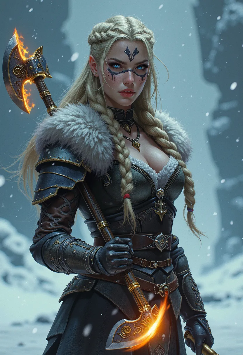 a warrior in a snowy, mystical setting. The subject is a woman with long, braided blonde hair, adorned with intricate braids and beads. Her skin is fair, and she has striking dark war paint accentuating her eyes. The female warrior is clad in detailed armo...