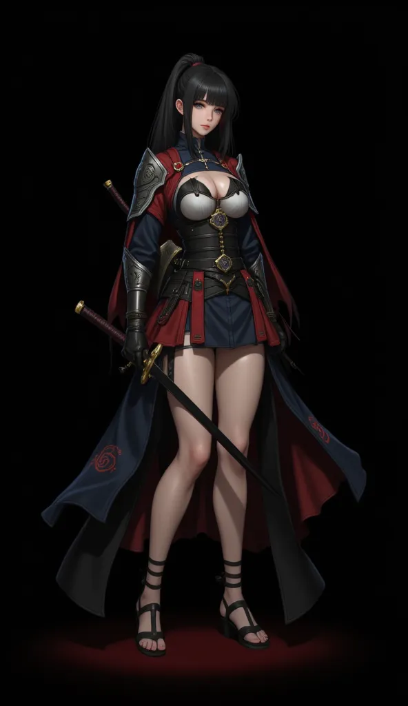 ((full body)) display、Fantasy World Inhabitants、Older swordswoman、Age 35、Cute face、Japanese、Mysterious look、smile、Fearless smile、Long Black Hair、ponytail、Bangs are drooping、Upper body is wearing armor、Shorts、Warrior's attire、Holding a Japanese sword、Equipp...