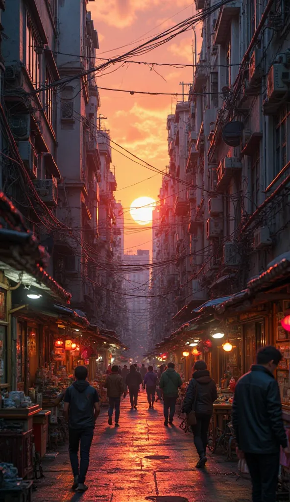 Realistic image. Professional photography. Sunset. Alley in an Asian cyberpunk city. In the distance, people coming and going, street vendors. Above the alley, residential buildings with many windows and air conditioners. In the distance, modern buildings.