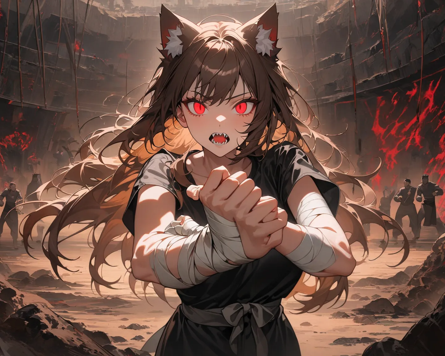 1 woman, Solo,  long hair, brown hair, matted hair, chest,  wolf ear, red eyes, sharp fangs, vertical pupil/cat eyes, Exposure of the teeth/ fangs exposed , cowboy shot, simple background, underground martial arts arena background,  action painting , anima...