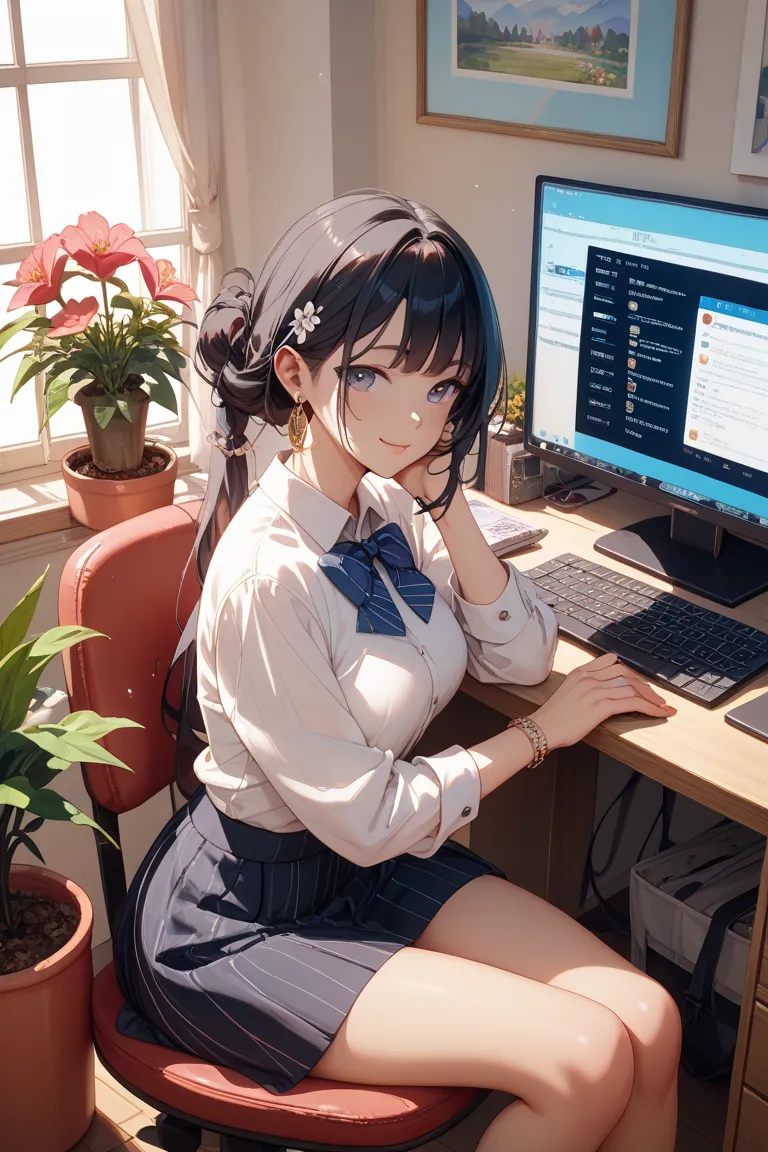 1 girl、 black hair、sitting、Computer Desk、flower pot、 multi-display 、３DCG designer、masterpiece、top quality