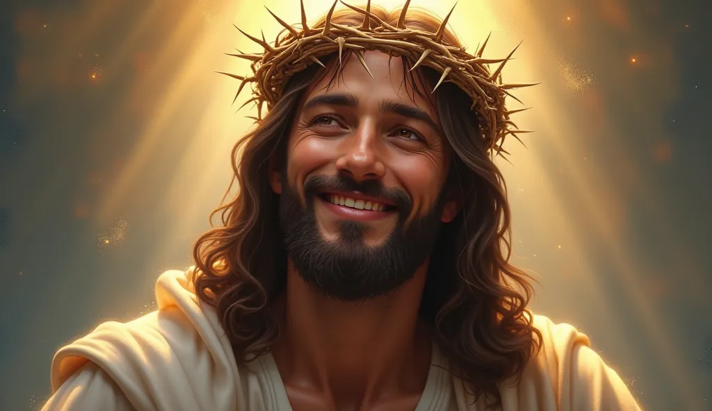 A realistic and detailed image of Jesus Christ smiling softly while wearing a crown of thorns. Your face conveys peace, Love and compassion, reflecting serenity and acceptance despite pain. Your eyes shine with kindness and hope. The soft lighting highligh...