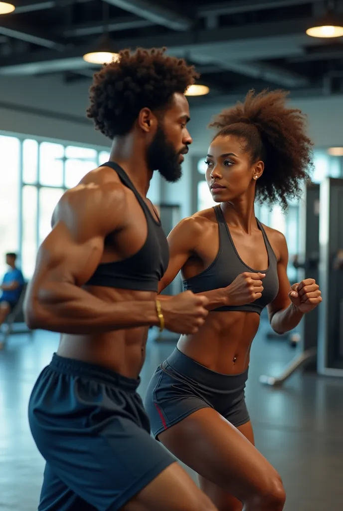 A young African artist and his girlfriend working out in a gym 