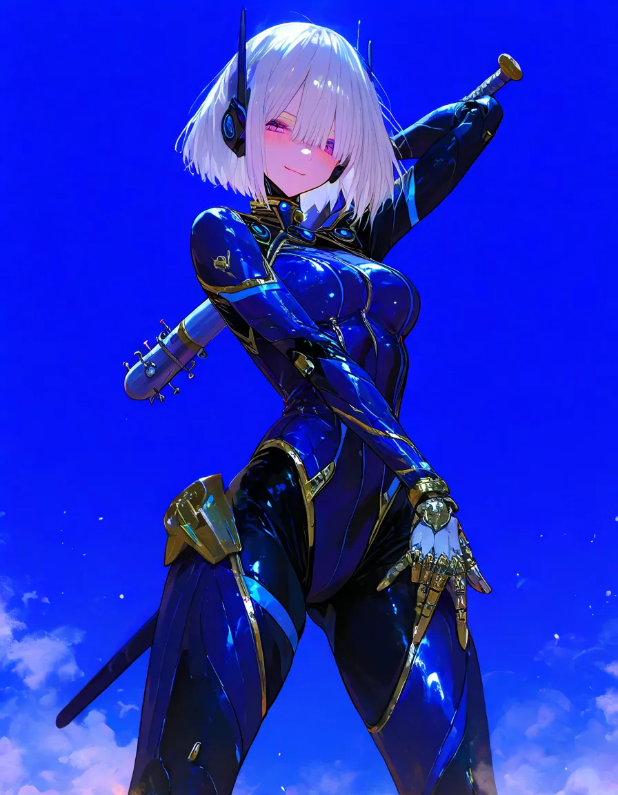 8k Wallpaper、 cute posters 、 masterpiece、最 high quality 、 high quality 、 high detail、 very beautiful 、 absurd、 latest、  dance、 pose 、Open your arms wide、holding a nail bat in one hand、legs、18 years old、silver hair、 purple eyes、 short hair、 shiny blue and g...