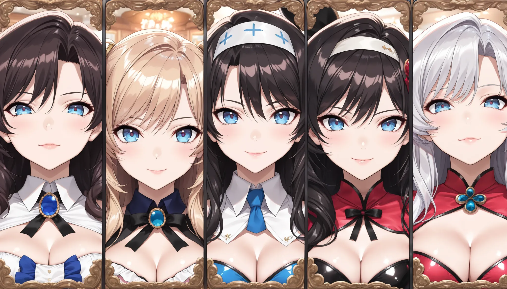 Game Character Selection Screens, Refined Game UI, Precise anime style,  6 Girls , Diverse Features ,charming expression, Cute Costumes, (( beautiful shining eyes:1.1,  glossy lips , Highly Detailed Eyes and Faces, Long Lashes, perfect face)), Decorative f...