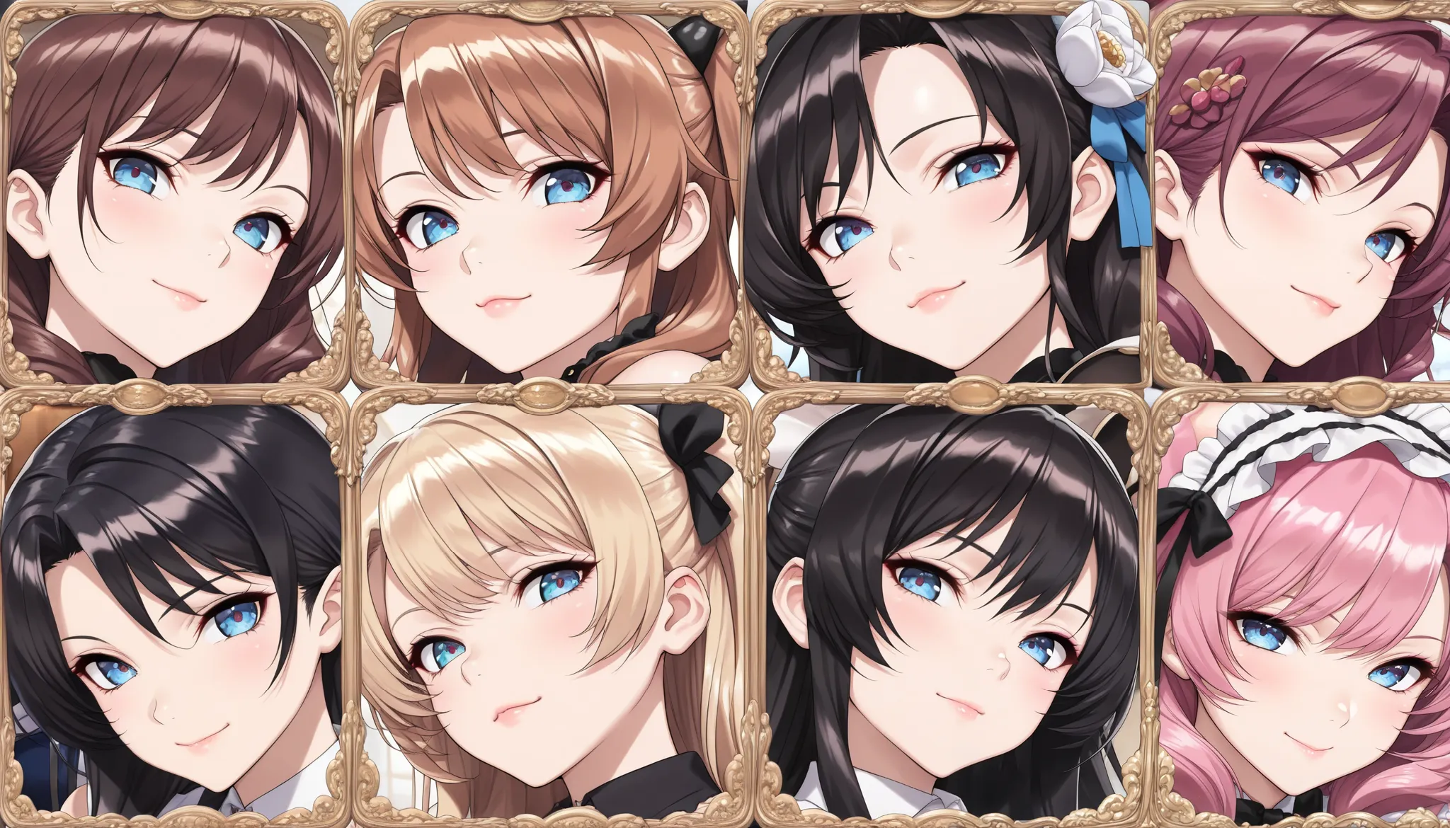 Game Character Selection Screens, Refined Game UI, Precise anime style,  6 Girls , Diverse Features ,charming expression, Cute Costumes, (( beautiful shining eyes:1.1,  glossy lips , Highly Detailed Eyes and Faces, Long Lashes, perfect face)), decorative f...