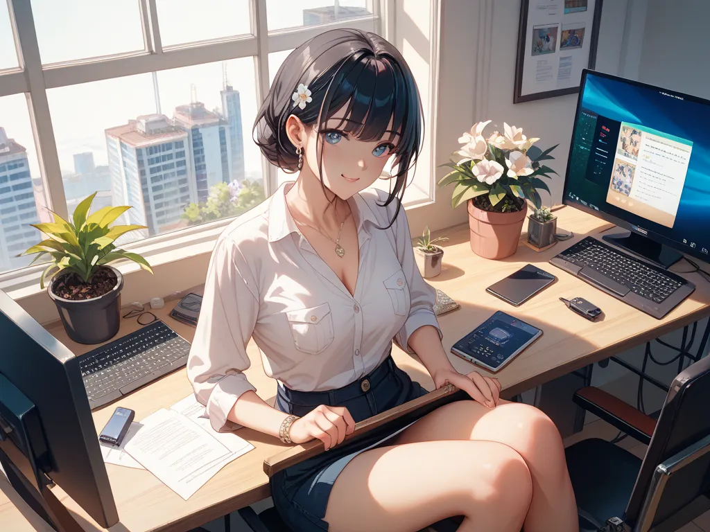 woman、 black hair、sitting、Computer Desk、At work、flower pot、 multi-display 、３DCG designer、masterpiece、top quality