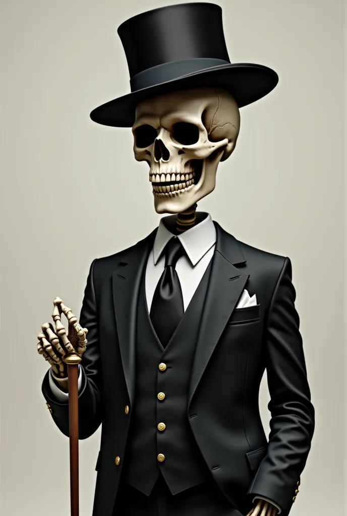 Skull high class, wearing a suit, an old black hat, a cane, the whole body
