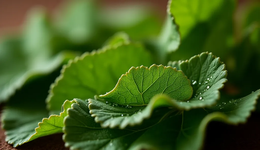 "A close-up, highly detailed, and realistic image of fresh Maruthani (henna) leaves with a rich green color and natural texture. The leaves are neatly arranged, showcasing their delicate veins and organic shape. Tiny dewdrops rest on the surface, enhancing...