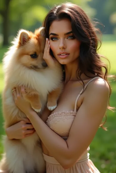 A beautiful, sexy brunette woman in a park with a fluffy Pomeranian dog. She is wearing an elegant outfit that reveals her bust. The setting is lush and green, with soft natural lighting. The image is highly realistic, capturing fine details in her facial ...