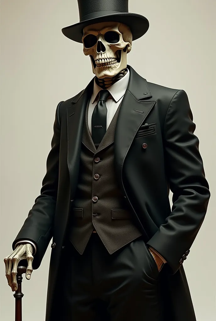 Skull high class, wearing a suit, an old black hat, a cane, the whole body is a little big.