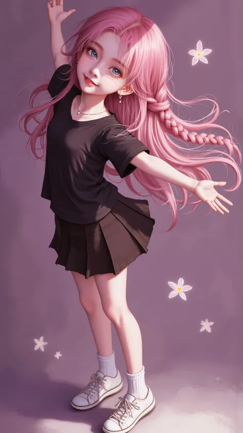 realistic texture painting，Movie，nose，Lips，（外frame，白色frame，frame：1.15），full body， 1girl ，Smile，Black shirt，Black skirt，百褶裙，Short sleeve，Blue Eyes，pink hair，braid，Braided hair bun，double bun，Shut up，long hair，sneakers，White shoes， White Socks ，Face to side，stretch out arms，Arms up，Exquisite and beautiful,4K,ultra-high definition,Extreme Detail, professional ,Vivid Color,Shallow depth of field,Perfect photo,Natural Shade,Professional Portrait Photography,Exquisite Oil Painting Texture,Dynamic Nature,專業Movie場景, Pink tone , Soft Tone