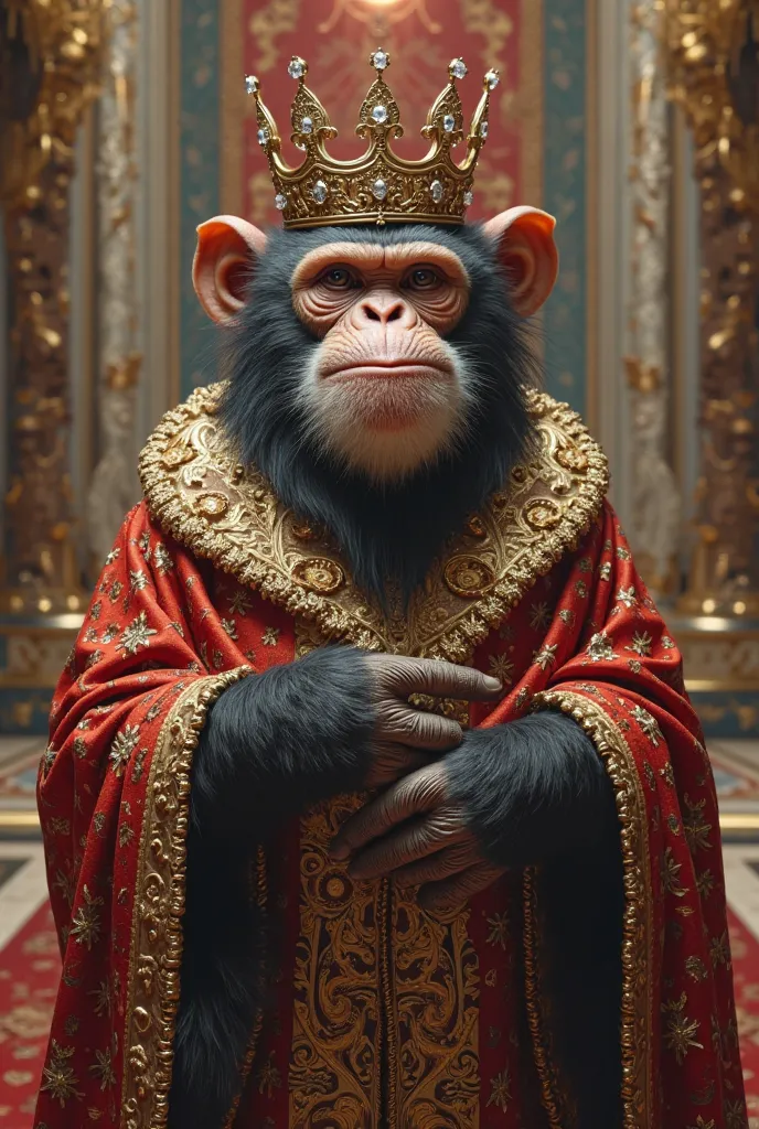 Create the image of a monkey in king clothes and a crown, very elegant 