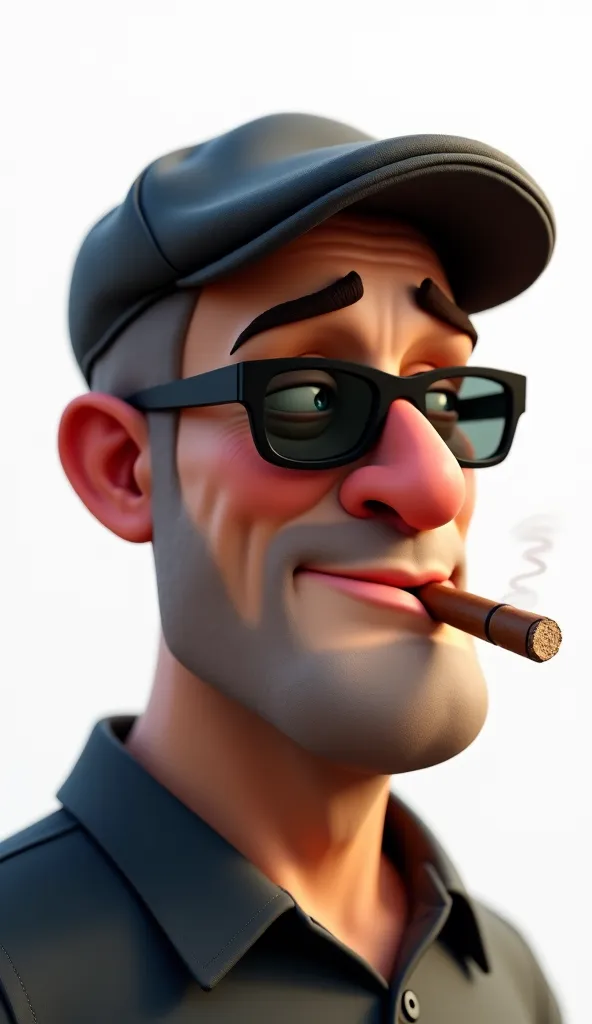 "Create a 3D cartoon-style image of a 50-year-old Spanish man, overweight, bald, rounded face, and wearing an Ivy cap. . He is smoking a small Havana cigar. He wears black sunglasses and a dark shirt. His eyebrows are normal and dark brown. White backgroun...