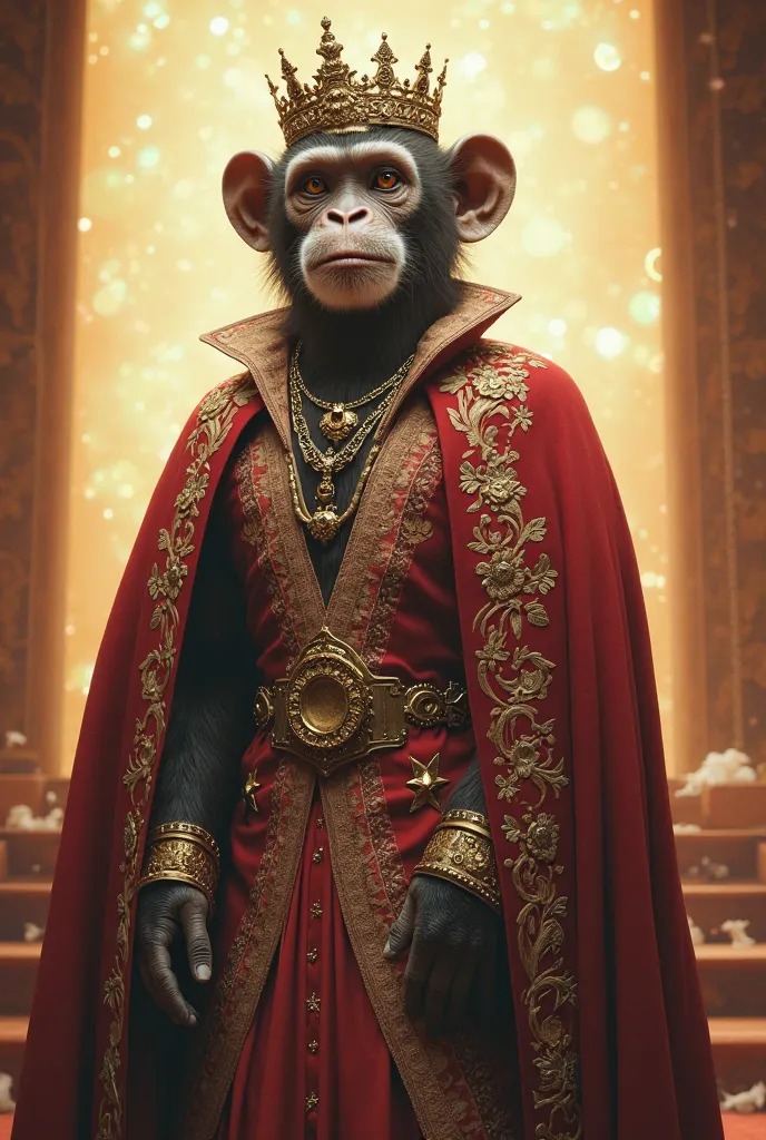 Create an image of a monkey with a human face and a crown, Very elegant with human features and gala clothes, make an image with good light and a bright background highlighting the image 