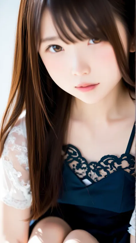upper body angle、perfect anatomy, Japanese women, girl, solo, 一人もgirl, white skin, her brown hair is up , Bangs, She's wearing a black and gold lace bodysuit, キャミソール dress, Light Pink Camisole, dress, She has lace straps on her legs , She is not weari...