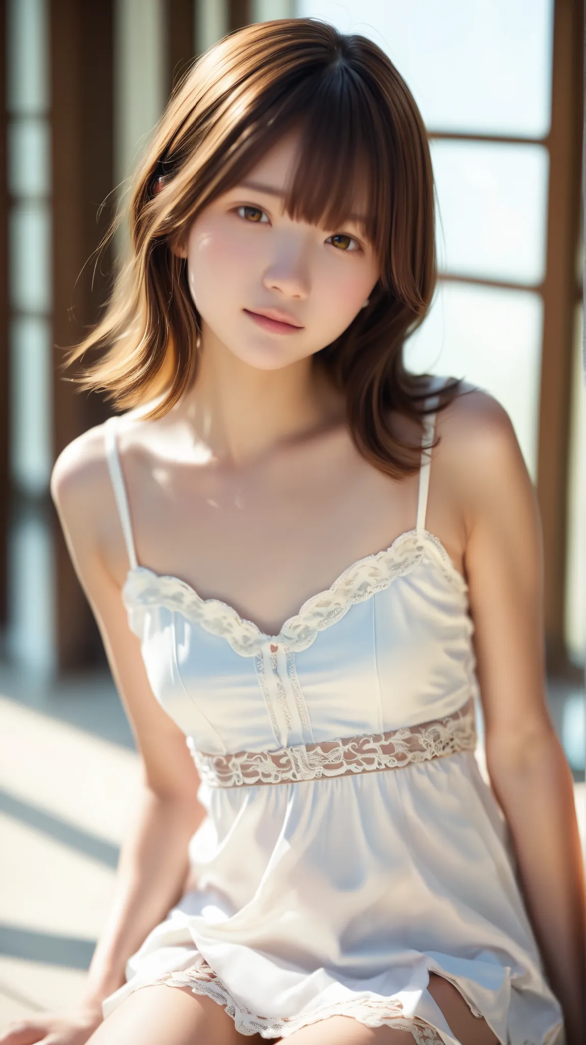 upper body angle、perfect anatomy, Japanese women,  girl, solo, 一人もgirl, white skin,   her brown hair is up  , Bangs, She's wearing a black and gold lace bodysuit, キャミソール dress, Light Pink Camisole,  dress, She has lace straps on her legs , She is not weari...