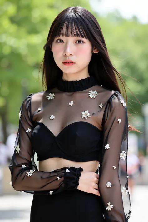 Photo-realistic, 8k, natural lighting, a high resolution photograph of a Japanese young woman with long straight black hair with bangs framing her delicate face, wearing an elegant high-neck sheer black blouse adorned with delicate white floral embroidery....