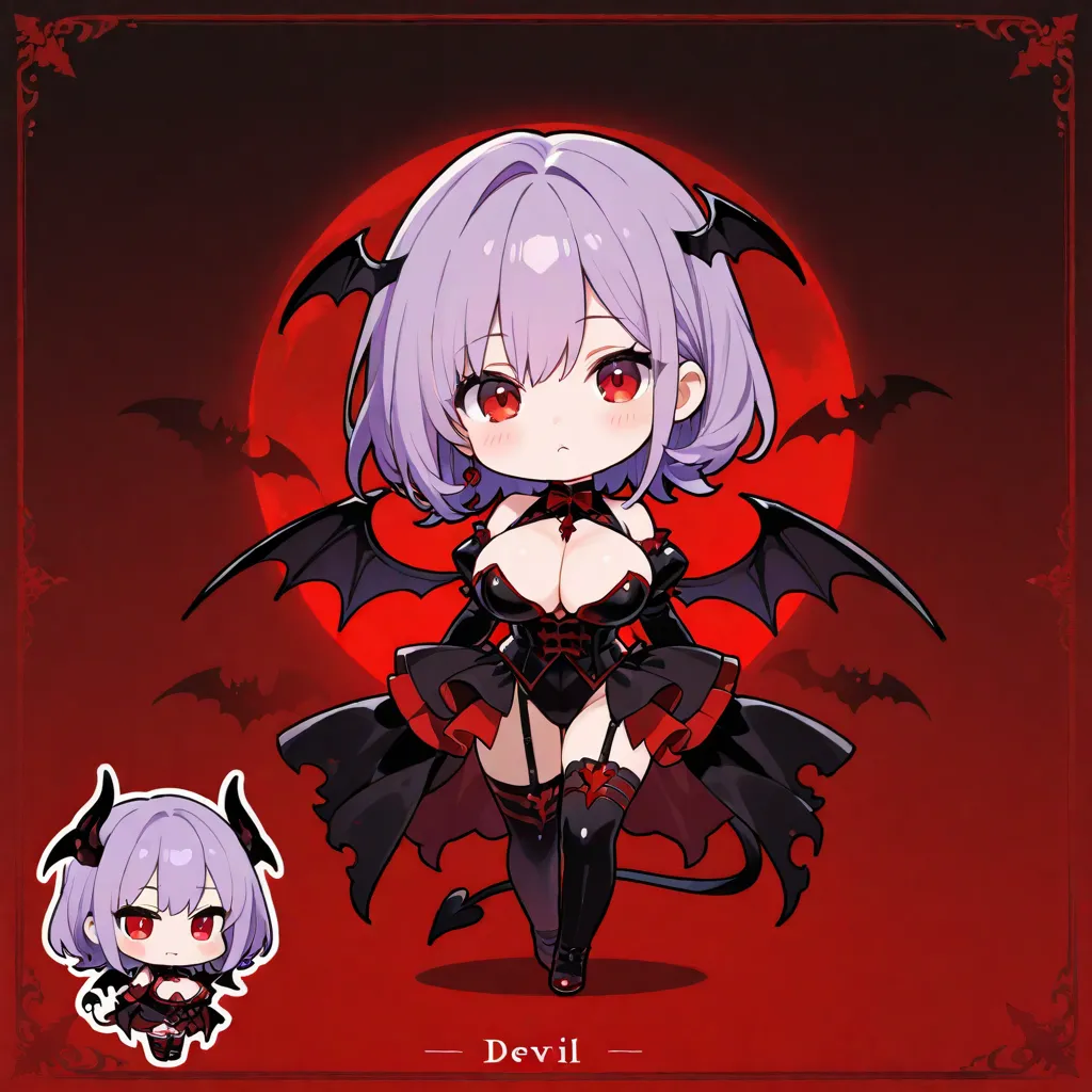  Anime Girl,  chibi, purple hair, red eyes, devil theme,zoom、big breasts