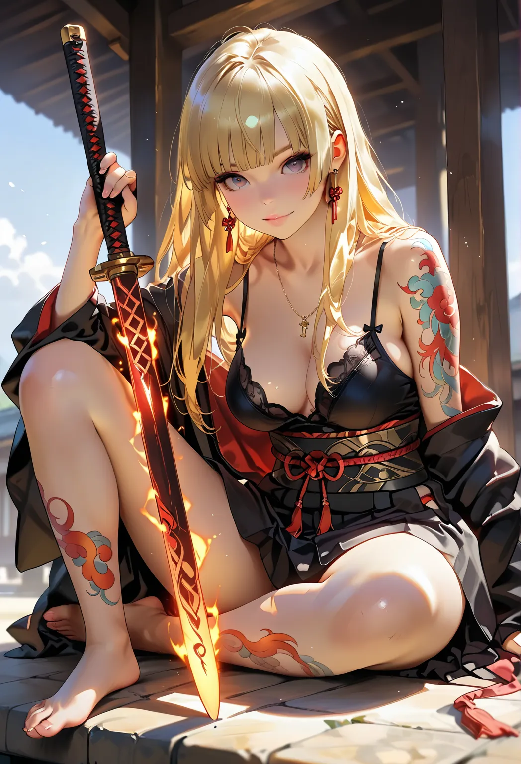 Masterpiece, (highest quality, create a high resolution,4K, 8k),(realistic, photoRealistic: 1.5), A beautiful samurai holds a Japanese lance、Battle action where you fight enemies with swordsmanship 、   hime cut、  yellow hair  、  brown skin 、   Read more、  ...