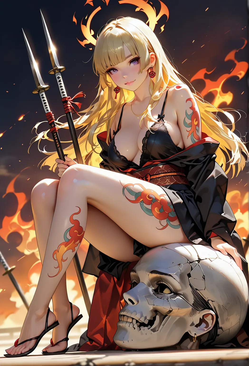 Masterpiece, (highest quality, create a high resolution,4K, 8k),(realistic, photoRealistic: 1.5), A beautiful samurai holds a Japanese lance、Battle action where you fight enemies with swordsmanship 、   hime cut、  yellow hair  、  brown skin 、   Read more、  ...