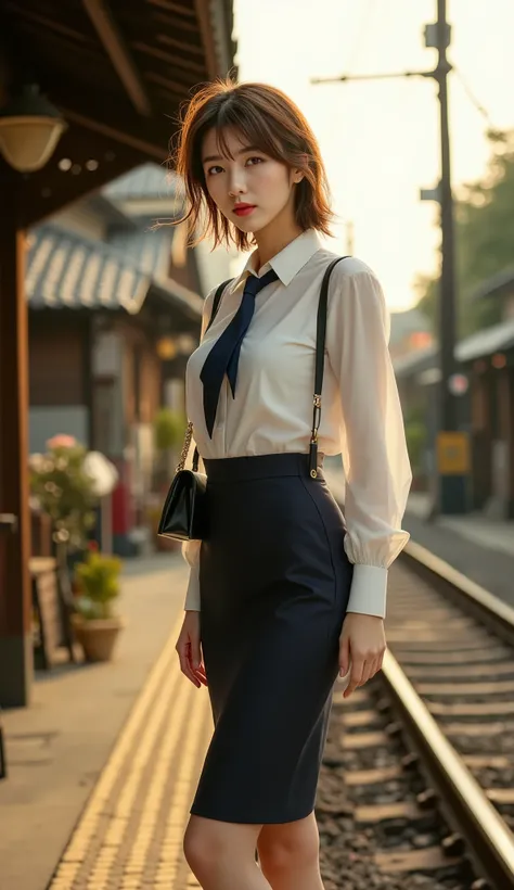 sexy and beautiful Japanese women, wearing a white short sleeve shirt , navy blue tie, Navy Blue Pencil Skirt, , black patent high heels, beautiful hip line, beautiful thighs, long legs, a woman has a black handbag hanging on her shoulder, a Woman standi...