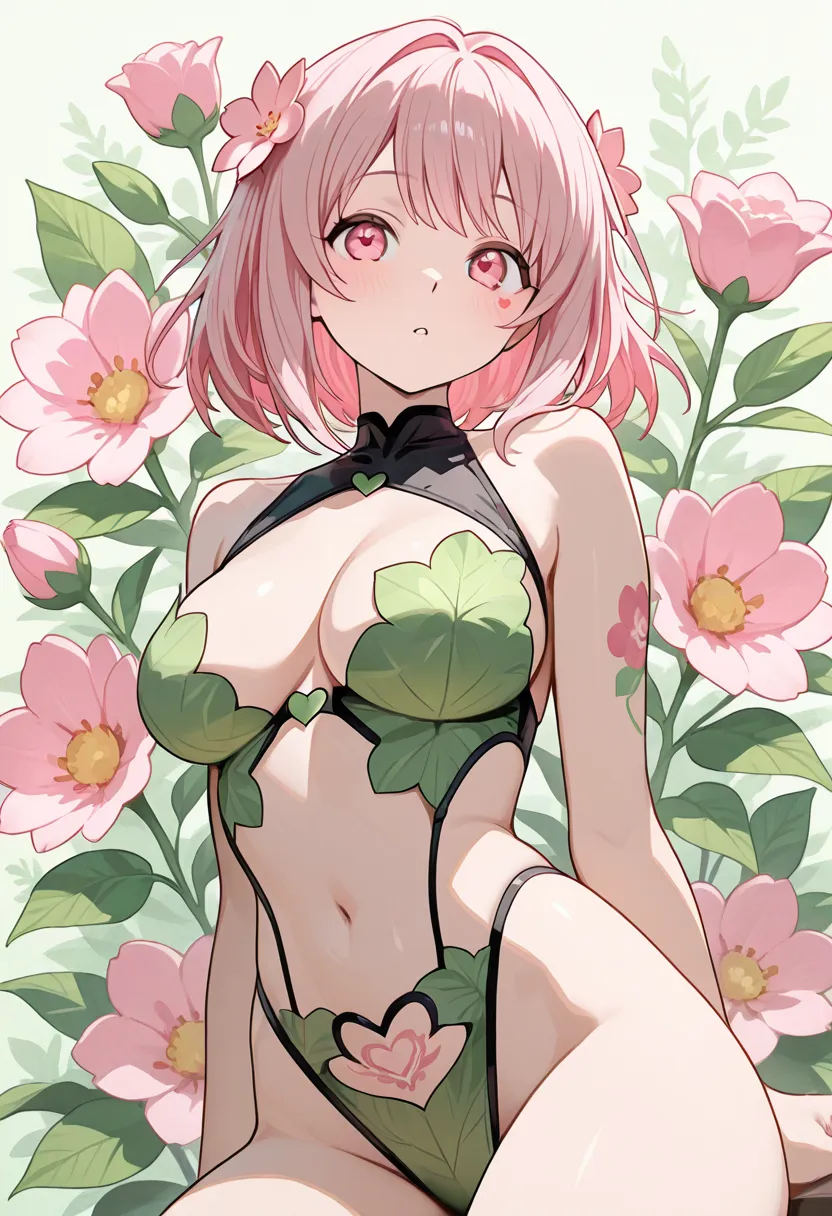 anime-style character, pink hair, pink eyes, revealing outfit, heart-shaped cutout, pink flower tattoo, lower abdomen, flowers background, greenery included