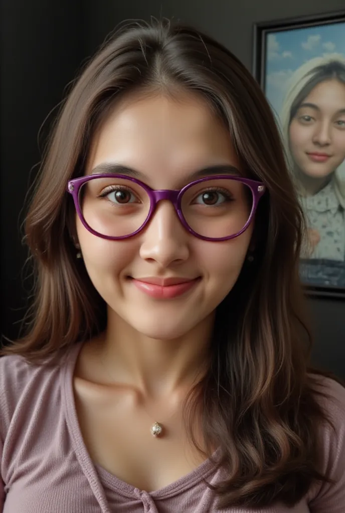 create a full body image, of A photo of a beautiful long brown wavy haired smiling 30 years old girl with brown eyes wearing purple glasses with half slanted eyes in a gamer room with a Disney Pixar Cartoon poster, holding smartphone, she looking camera or...