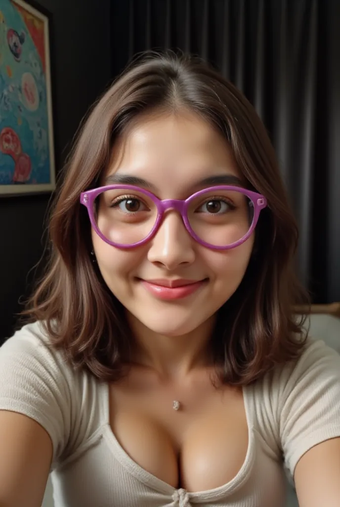 create a full body image, of A photo of a beautiful long brown wavy haired smiling 30 years old girl with brown eyes wearing purple glasses with half slanted eyes in a gamer room with a Disney Pixar Cartoon poster, holding smartphone, she looking camera or...