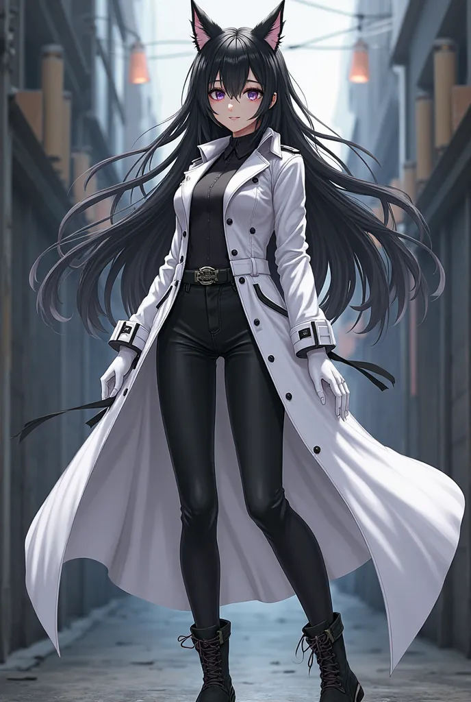 girl,  cat ears, White knee-length trench coat,  Anime style, black hair, full length,  black tight pants, boots, white gloves