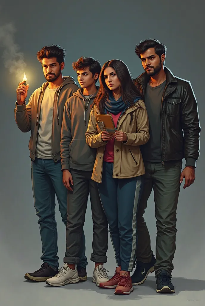 Characters' Appearance & Expression:

1. Ajay – 22 years old, strong build, light beard, wearing jeans and a jacket. He is holding a torch in his hand and looking ahead.


2. Rohit – 21 years old, tall and thin, wearing sports shoes and a hoodie. He looks ...