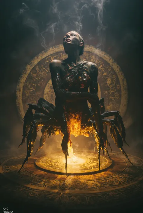 A woman with a woman's torso and a spider's body coming out of a magic summoning circle in the fantasy rpg style