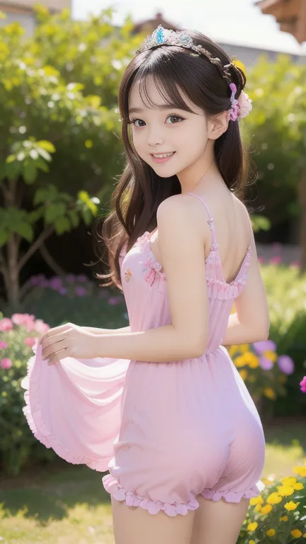 Small princess,  small roman rich princess, beautiful smile, detailed eyes, seducing, hot girl, naked net hot colourful clothes, wearing boot, background flower garden , small girl, big smile showing teeth, showing naked ass in shining silkypajama , she ha...