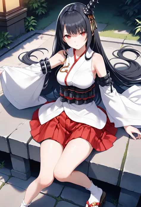 1 girl, Alone, walk, fusou-kc  , red eyes, long hair, black hair, hair ornament, headgear for brainwashing,   fusou-n-kc  ,  Japanese Clothes,  Non-traditional Shrine Maiden ,  Bare Shoulders,   fusou-sleeve  , detachable sleeve, loose sleeves that sit on ...