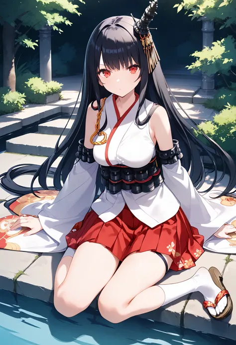 1 girl, Alone, walk, fusou-kc  , red eyes, long hair, black hair, hair ornament, headgear for brainwashing,   fusou-n-kc  ,  Japanese Clothes,  Non-traditional Shrine Maiden ,  Bare Shoulders,   fusou-sleeve  , detachable sleeve, loose sleeves that sit on ...