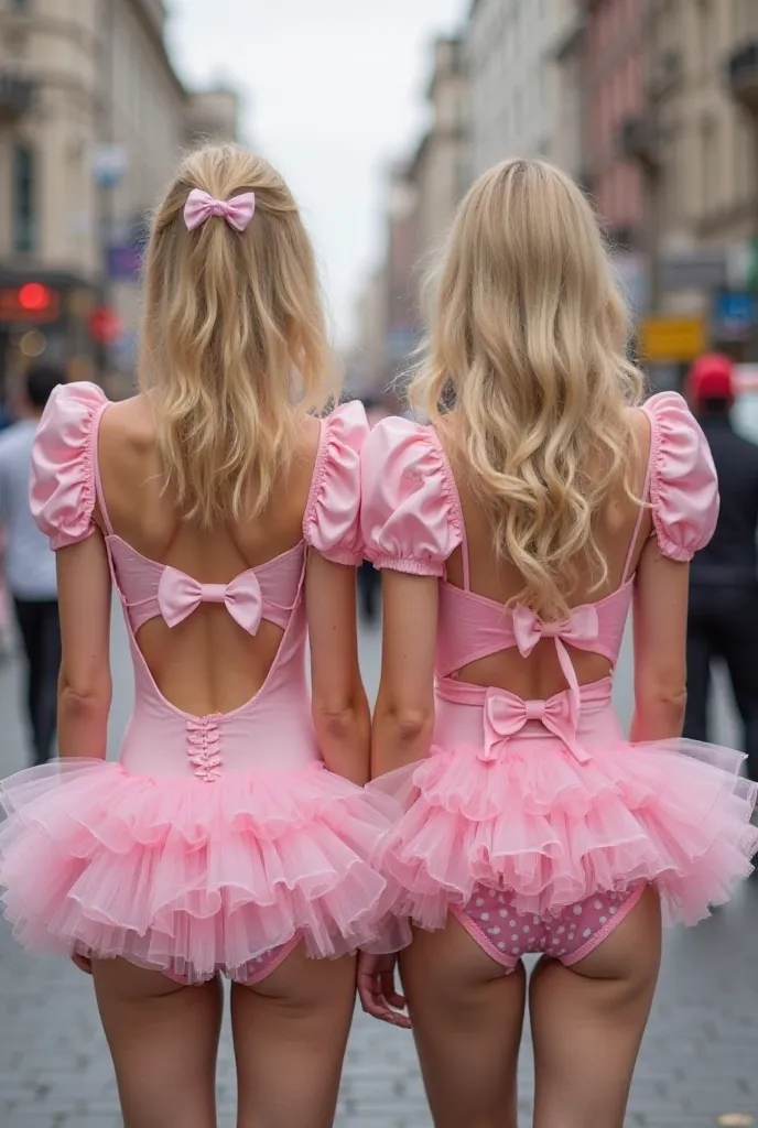 Two women with blonde hair are wearing pink frilly ruffled babydoll bodysuit leotard tutu lingerie with puffball sleeves and bows and ruffled panties.  They are wearing diapers.  They are on a busy street 